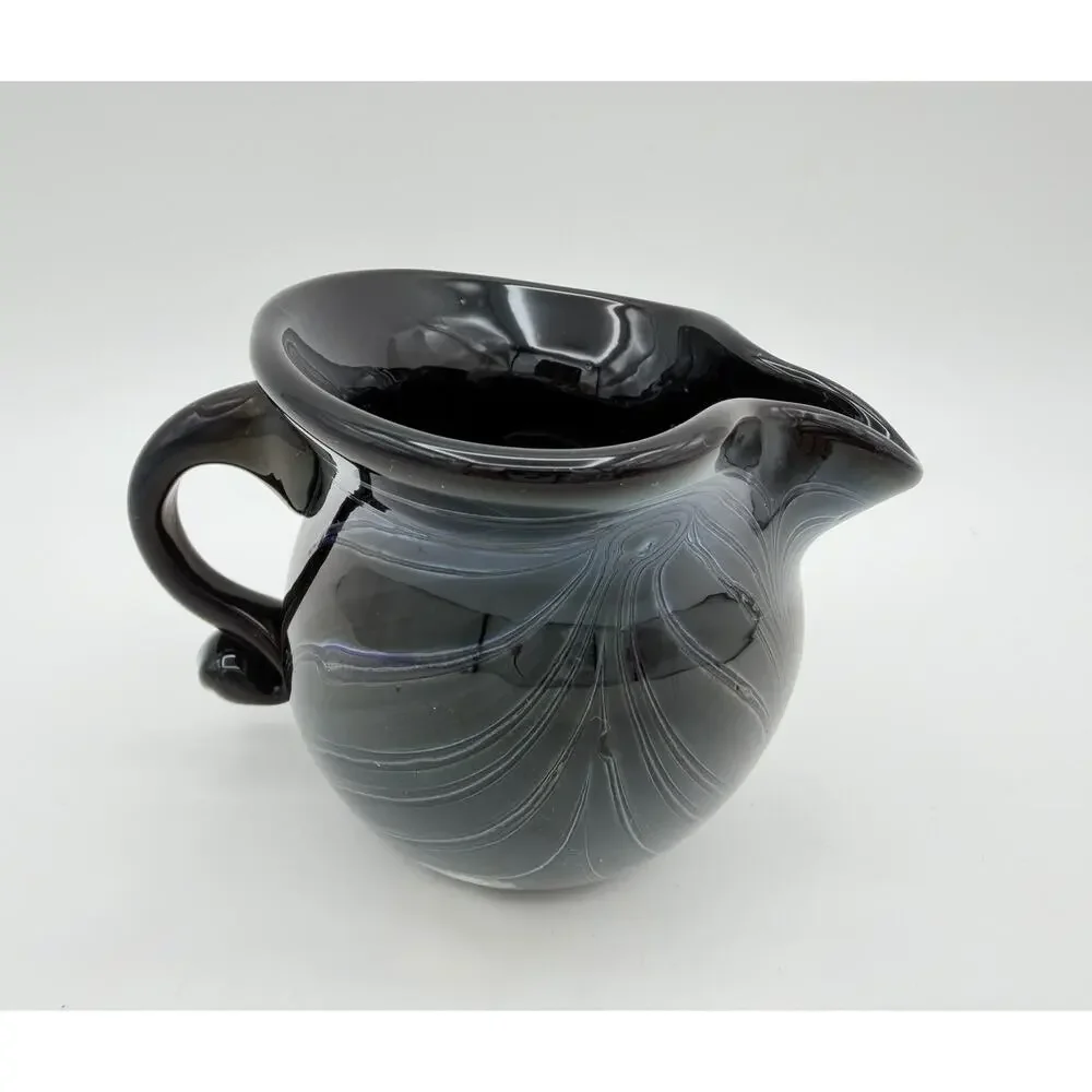 Hand Blown Black Glass Creamer Pitcher 3” Pulled Feather Design Signed Dated ‘72